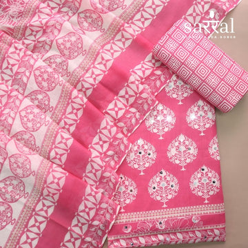 Farheen Flamingo Pink Floral Printed with Mirror Work Cotton Suit Set