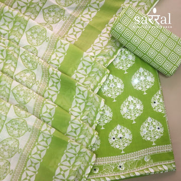 Farheen Garden Green Floral Printed with Mirror Work Cotton Suit Set