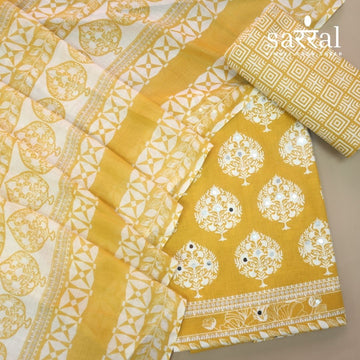 Farheen Custard Yellow Floral Printed with Mirror Work Cotton Suit Set