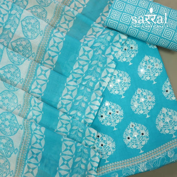 Farheen Light Sky Blue Floral Printed with Mirror Work Cotton Suit Set