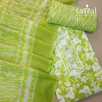 Farheen Leaf Green Lace Patch Neck with Button Work Floral Printed Cotton Set