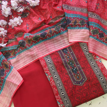 Reshmi Berry Red Thread Weaved in Bandhani Printed Cotton Suit Set