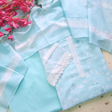 Zulfaa Aqua Blue Neck Lace Work Neck and Hem Floral Printed Cotton Suit Set