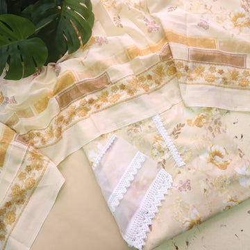 Zulfaa Buttermilk Bige Neck Lace Work Neck and Hem Floral Printed Cotton Suit Set