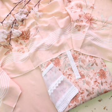 Zulfaa Soft Peach Neck Lace Work Neck and Hem Floral Printed Cotton Suit Set