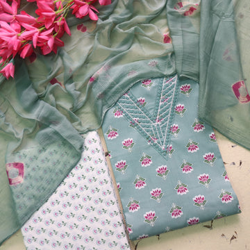 Reshmi Sage Green V Thread Embroidered Neck Lotus Print Cotton Suit Set