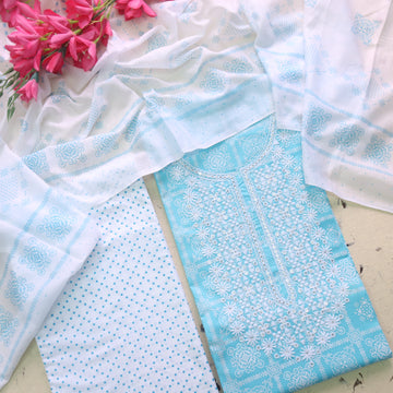 Reshmi Baby Blue Thread Embroidered Neck Work Printed Cotton Suit Set-D1