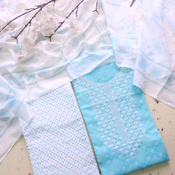 Reshmi Baby Blue Thread Embroidered Neck Work Printed Cotton Suit Set-D3
