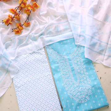 Reshmi Baby Blue Thread Embroidered Neck Work Printed Cotton Suit Set-D4