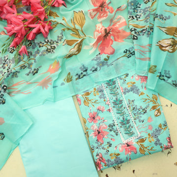 Reshmi Cyan Aqua Lace with Kardana Work Floral Printed Cotton Suit Set