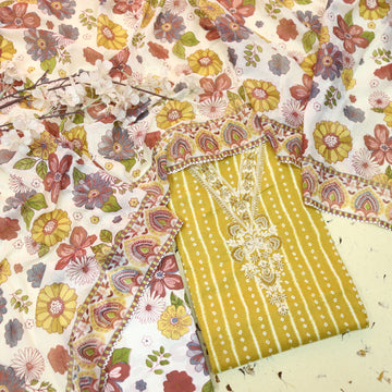 Mastana Dijon Yellow Bandhani Print Thread Work v Neck Cotton Suit Set