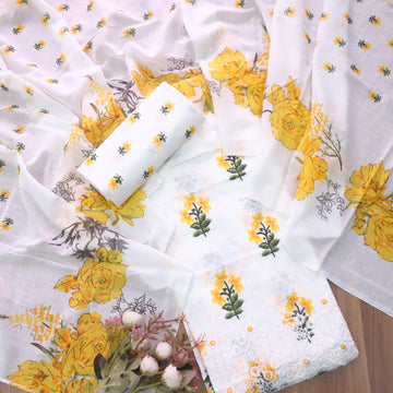 Phooleri White with Yellow Floral Print Thread Embroidered Hem Cotton Suit Set