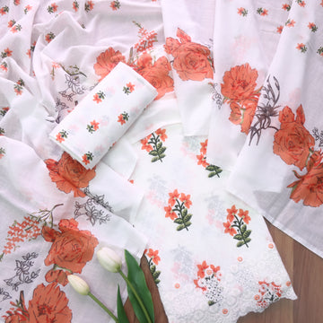 Phooleri White with Orange Floral Print Thread Embroidered Hem Cotton Suit Set