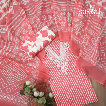 Farheen Coral Peach V Embellished Neckline Leheriya Printed Cotton Suit Set