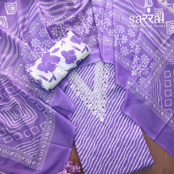 Farheen Orchid Purple V Embellished Neckline Leheriya Printed Cotton Suit Set