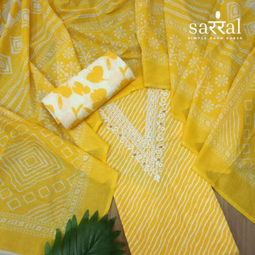 Farheen Corn Yellow V Embellished Neckline Leheriya Printed Cotton Suit Set