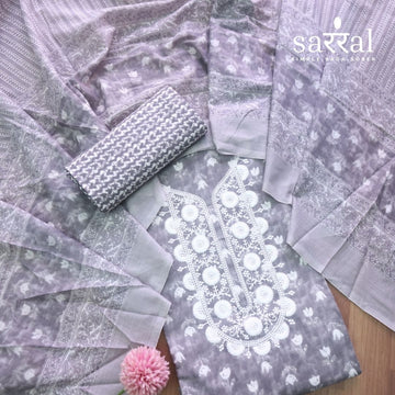 Farheen Slate Grey Thread Embroidered Neck Work Lotus Print Cotton Suit Set