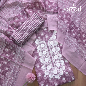 Farheen Mauve Pink Thread Embroidered Neck Work Lotus Print Cotton Suit Set