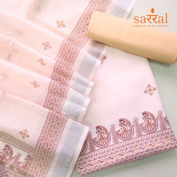Madhubala Beige with Coffee Brown Madhubani Printed Cotton Linen Suit Set