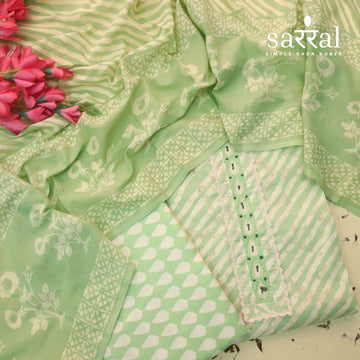 Farheen Pastel Green Moti Work Neck Patch in Leheriya Printed Cotton Suit Set