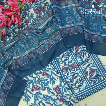 Farheen Neel Blue Kantha Work with Floral Patch Stripe Print Cotton Suit Set