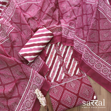 Farheen Burgundy Red Patra Work in Leheriya Patch Bandani Print Cotton Set