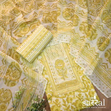 Farheen Butter Yellow Patra Detailing with Kardana Dabu Floral Printed Cotton Suit Set