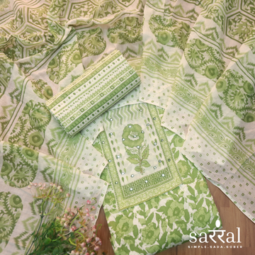Farheen Mint Green Patra Detailing with Kardana Dabu Floral Printed Cotton Suit Set