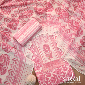 Farheen Candy Pink Patra Detailing with Kardana Dabu Floral Printed Cotton Suit Set