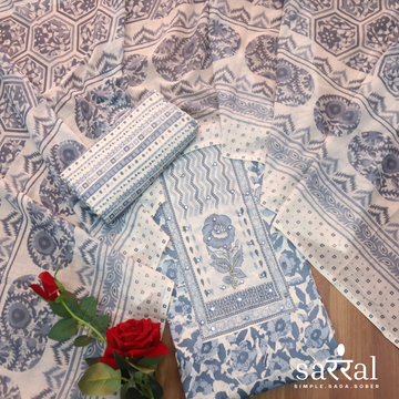 Farheen Greyish Blue Patra Detailing with Kardana Dabu Floral Printed Cotton Suit Set