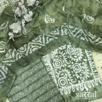 Farheen Mehndi Green Patra Detailing in Dabu Floral Printed Cotton Suit Set