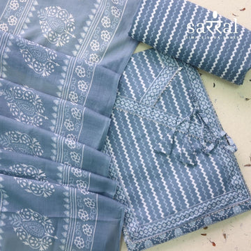 Farheen Fossil Grey Digital Printed In Angrakha Style Neck Cotton Suit Set