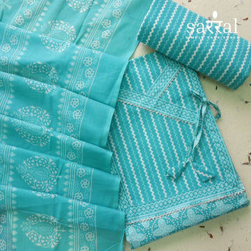 Farheen Aqua Teal Digital Printed In Angrakha Style Neck Cotton Suit Set