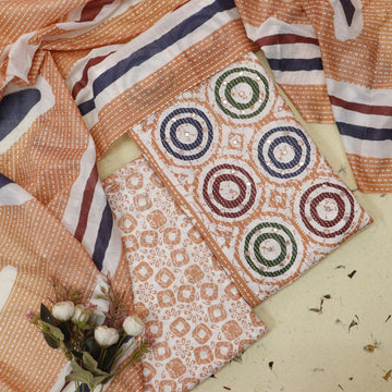 Chaahak Peach Coral Patra Detailing in Batik Floral Printed Cotton Suit Set