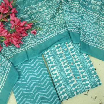 Farheen Aqua Teal All Over Digital Dabu Printed Cotton Suit Set