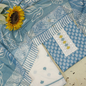 Farhana Sapphire Blue Lace Patch Neck in Printed Cotton Suit Set