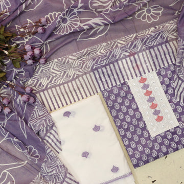 Farhana Heather Lavender Lace Patch Neck in Printed Cotton Suit Set