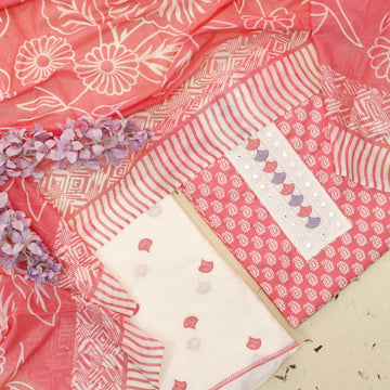 Farhana Coral Blush Lace Patch Neck in Printed Cotton Suit Set