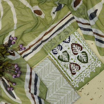 Parchhai Parrot Green Patra Detailing in Batik Leaf Printed Cotton Suit Set