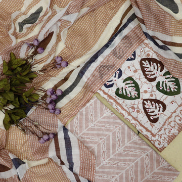 Parchhai Mauve Coral Patra Detailing in Batik Leaf Printed Cotton Suit Set