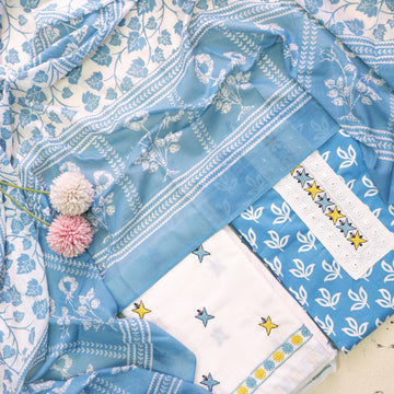 Phooleri Sapphire Blue Lace Patch Neck in Floral Printed Cotton Suit Set