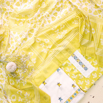 Phooleri Corn Yellow Lace Patch Neck in Floral Printed Cotton Suit Set