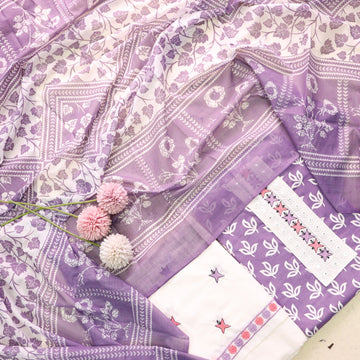 Phooleri Lavish Lavender Lace Patch Neck in Printed Cotton Suit Set