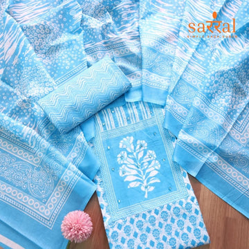 Farheen Dodger Blue Patra Detailing Floral Printed Cotton Suit Set