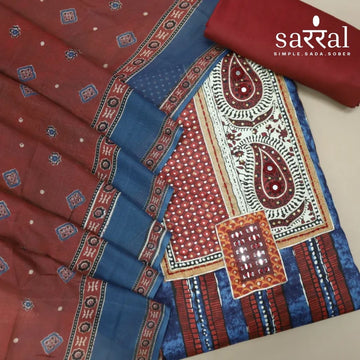 Adaa Maroon Red Embellished Neckline in Printed Cotton Suit Set
