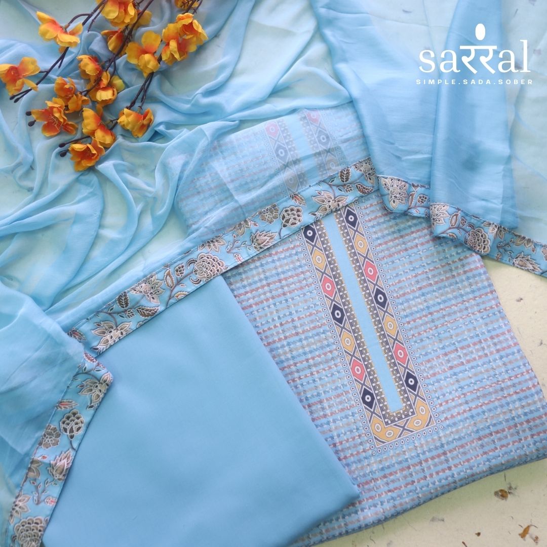 Madhubala Powder Blue All Over Check Printed Work Cotton Suit Set