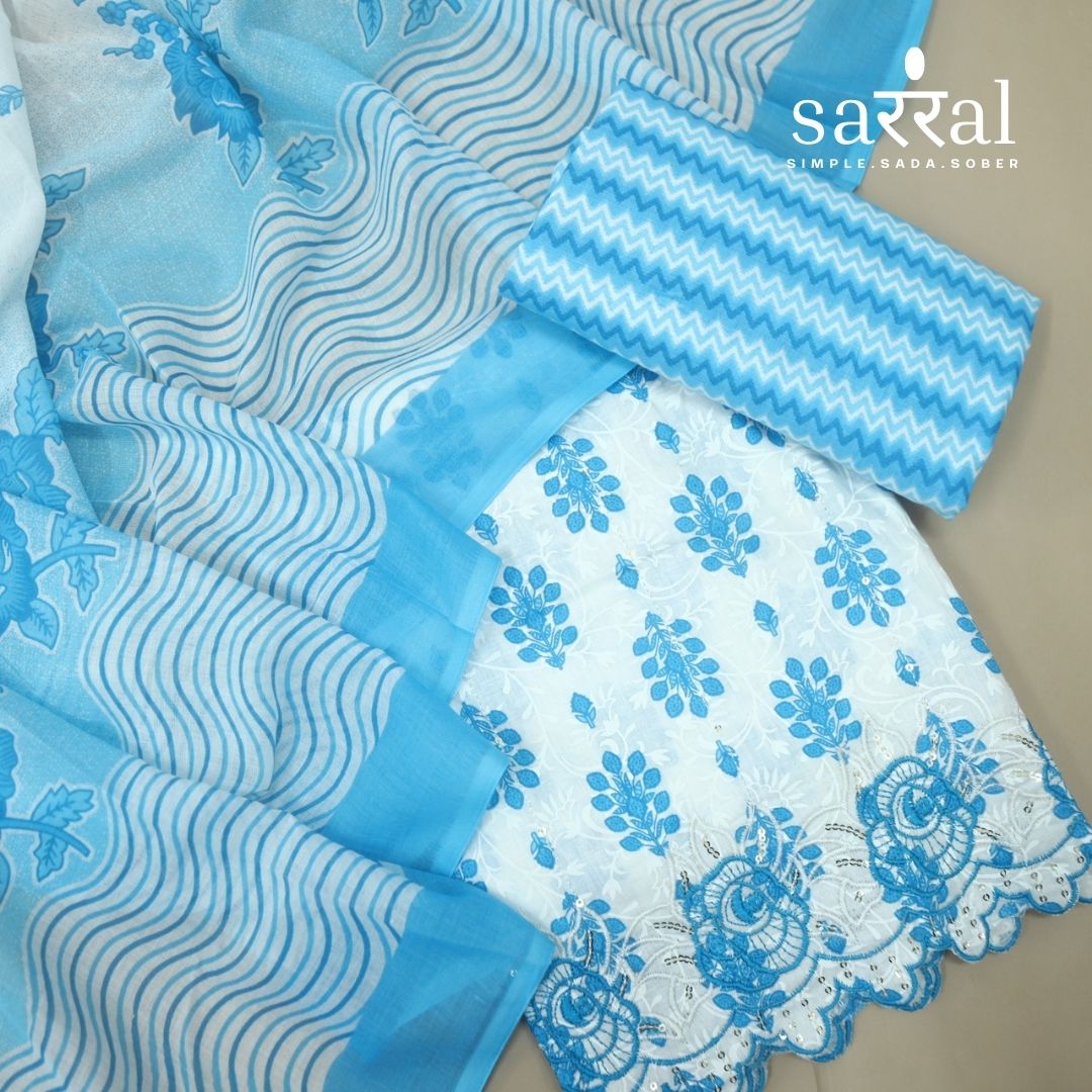 Farheen White with Blue Floral Printed with Embroidered Hem Cotton Suit Set