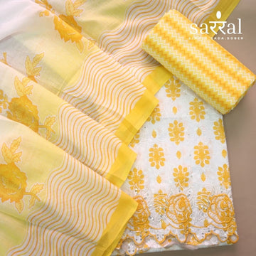 Farheen White with Yellow Floral Printed with Embroidered Hem Cotton Suit Set