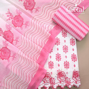 Farheen White with Pink Floral Printed with Embroidered Hem Cotton Suit Set