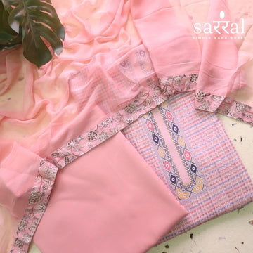 Madhubala Frosty Pink All Over Check Printed Work Cotton Suit Set